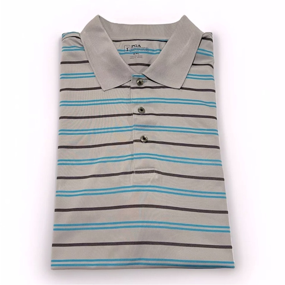 Men’s XXL Golf Polo Shirt Grey Striped Embroidered Short Sleeve PGA Tour - Picture 3 of 5
